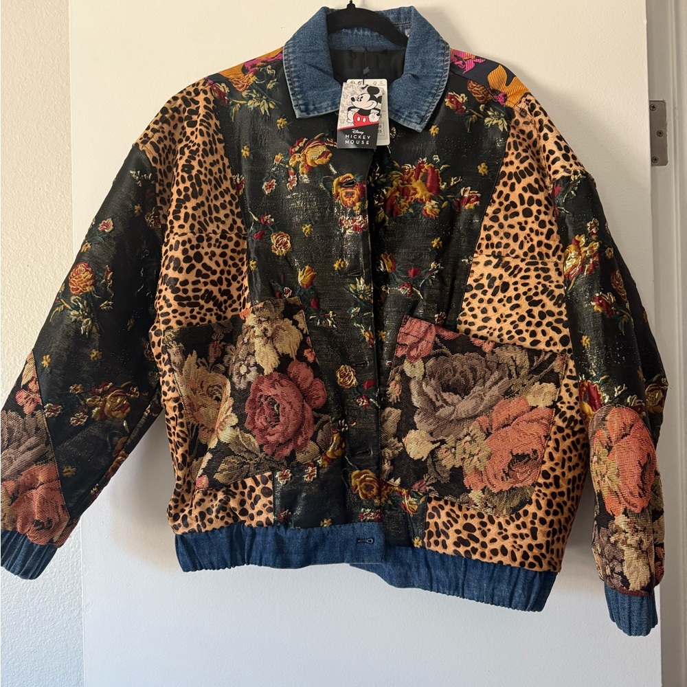 Desigual Mickey Mouse Multicolor Floral and Leopard Jean Jacket